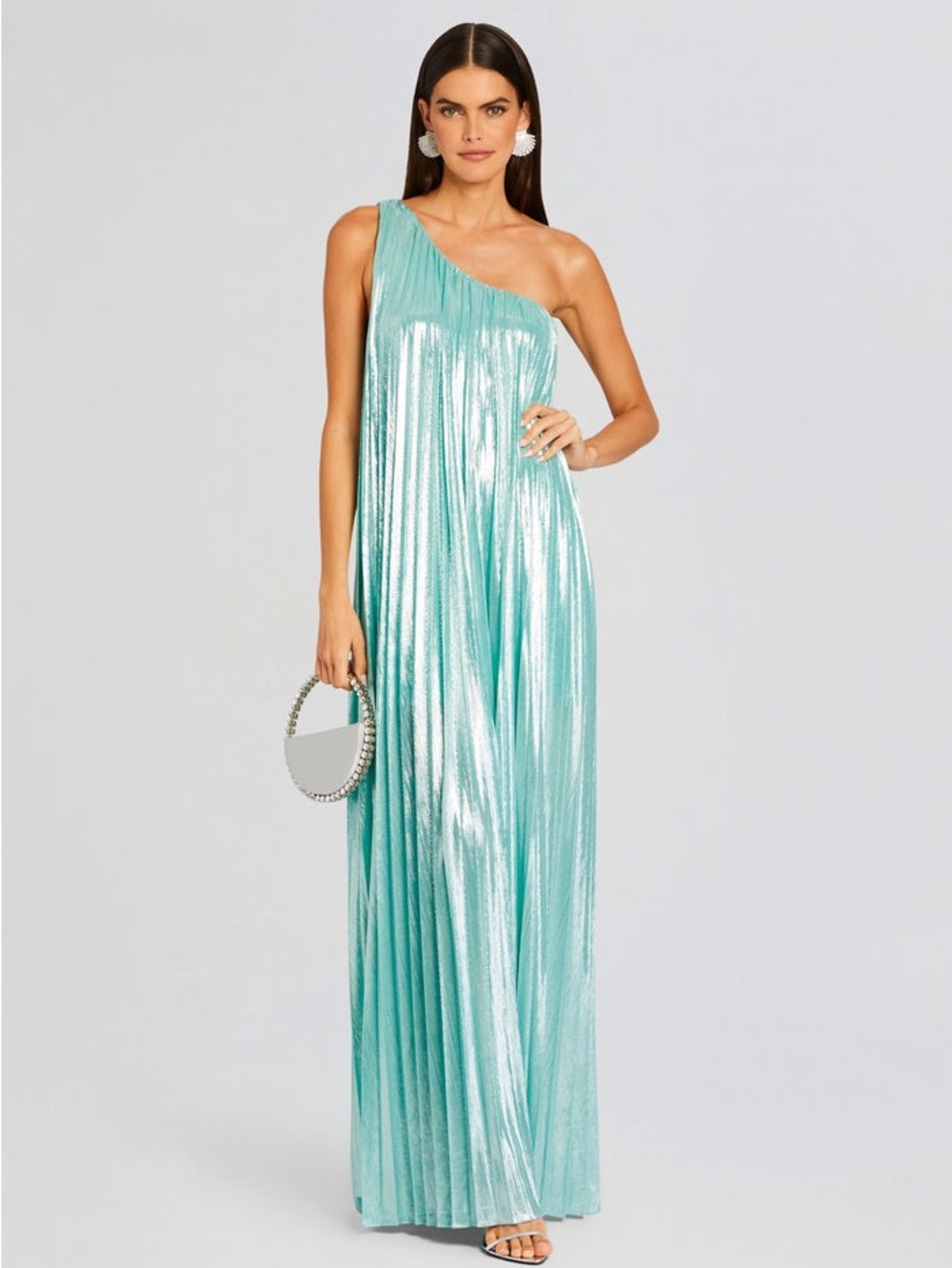 Retrofete One-Shoulder Metallic Aqua Maxi Dress